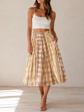 Philosophy Plaid Smocked Waist Circle Skirt — Mustard, Rust & White. Size XL.
